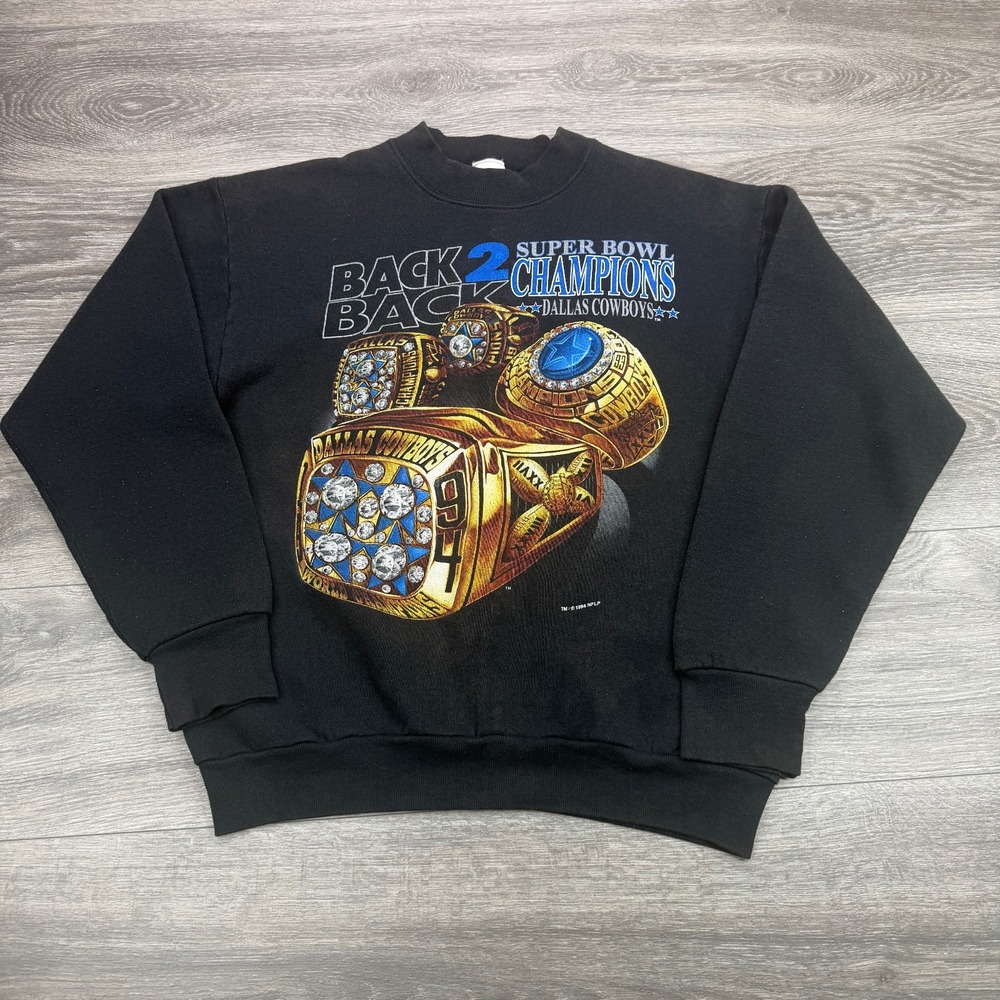Vintage Dallas Cowboys Sweatshirt Mens Medium Black Superbowl Champs Rings USA